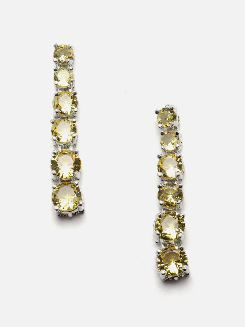 Rhodium-Plated Silver Toned Round Yellow American Diamond Studded Necklace Earrings Jewellery Set