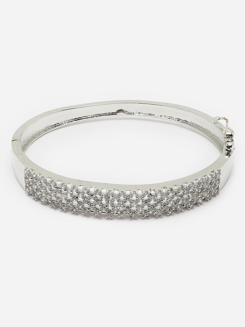 Rhodium-Plated Silver Toned White American Diamond Studded Kada Bracelet