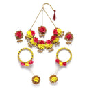Gold-Plated Red-Yellow Gota Patti Floral White Pearls Beaded Haldi & Mehendi Jewellery Set with Maang Tikka & Haathphool Ring