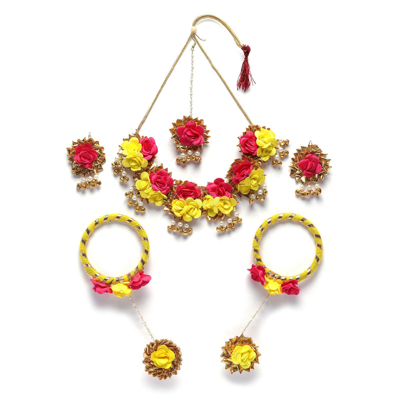 Gold-Plated Red-Yellow Gota Patti Floral White Pearls Beaded Haldi & Mehendi Jewellery Set with Maang Tikka & Haathphool Ring