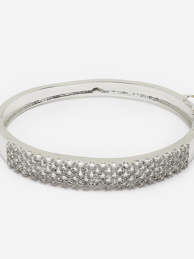 Rhodium-Plated Silver Toned White American Diamond Studded Kada Bracelet