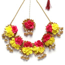 Gold-Plated Red-Yellow Gota Patti Floral White Pearls Beaded Haldi & Mehendi Jewellery Set with Maang Tikka & Haathphool Ring