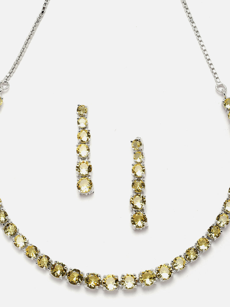 Rhodium-Plated Silver Toned Round Yellow American Diamond Studded Necklace Earrings Jewellery Set