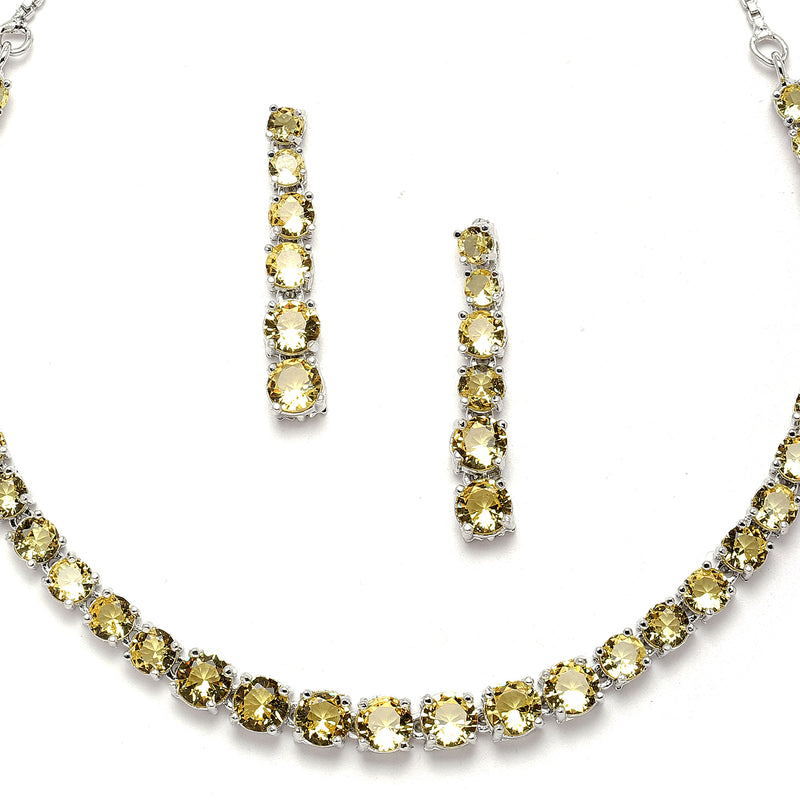 Rhodium-Plated Silver Toned Round Yellow American Diamond Studded Necklace Earrings Jewellery Set