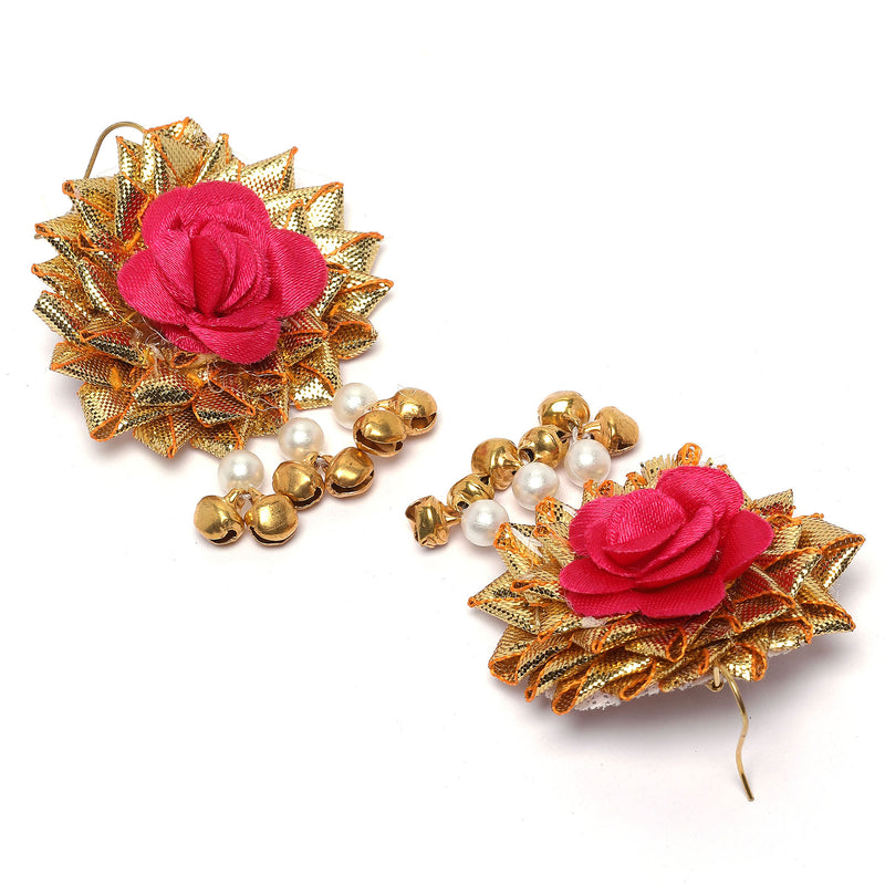 Gold-Plated Red-Yellow Gota Patti Floral White Pearls Beaded Haldi & Mehendi Jewellery Set with Maang Tikka & Haathphool Ring