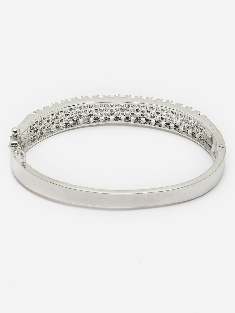 Rhodium-Plated Silver Toned White American Diamond Studded Kada Bracelet