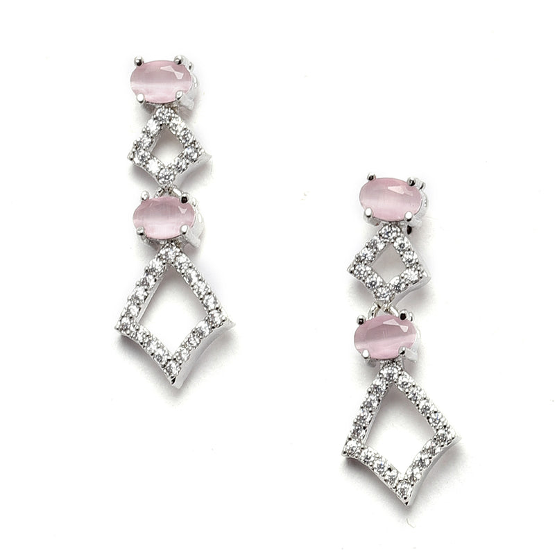 Rhodium-Plated Silver Toned Rectangle Pink American Diamond Studded Necklace Earrings Jewellery Set