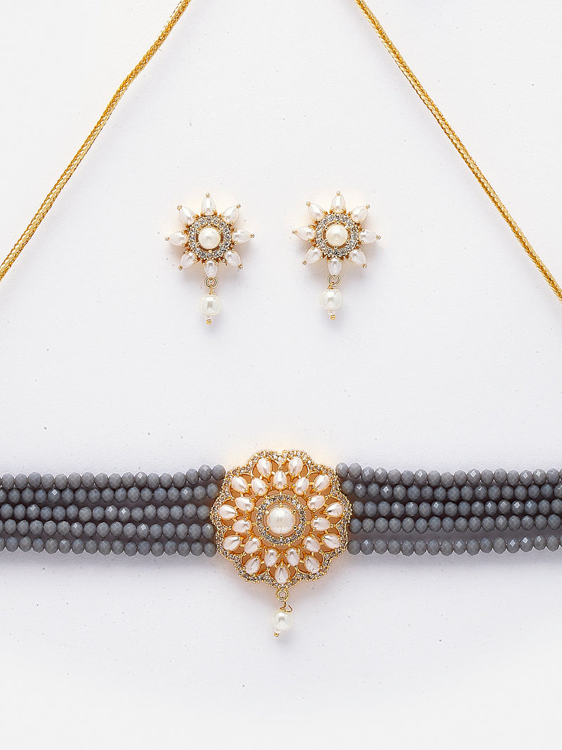 Grey Gold-plated Kundan Studded & Beaded Multistrand Choker Necklace Jewellery Set