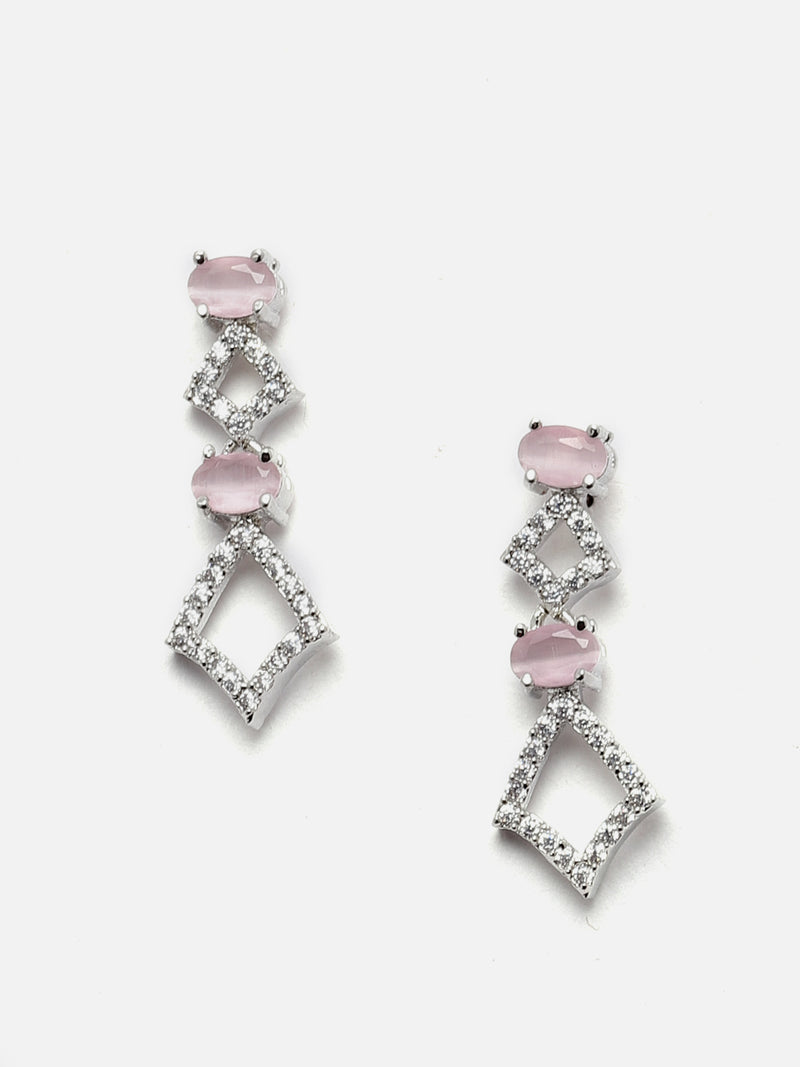 Rhodium-Plated Silver Toned Rectangle Pink American Diamond Studded Necklace Earrings Jewellery Set