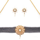 Grey Gold-plated Kundan Studded & Beaded Multistrand Choker Necklace Jewellery Set