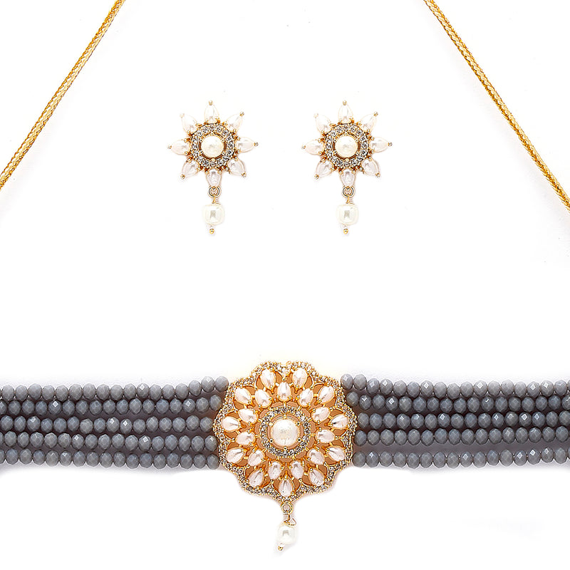 Grey Gold-plated Kundan Studded & Beaded Multistrand Choker Necklace Jewellery Set