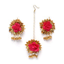 Gold-Plated Red-Yellow Gota Patti Floral White Pearls Beaded Haldi & Mehendi Jewellery Set with Maang Tikka & Haathphool Ring