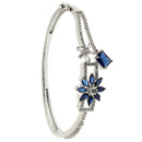 Rhodium-Plated Navy Blue Flower & Square Shape American Diamond Studded Kada Bracelet