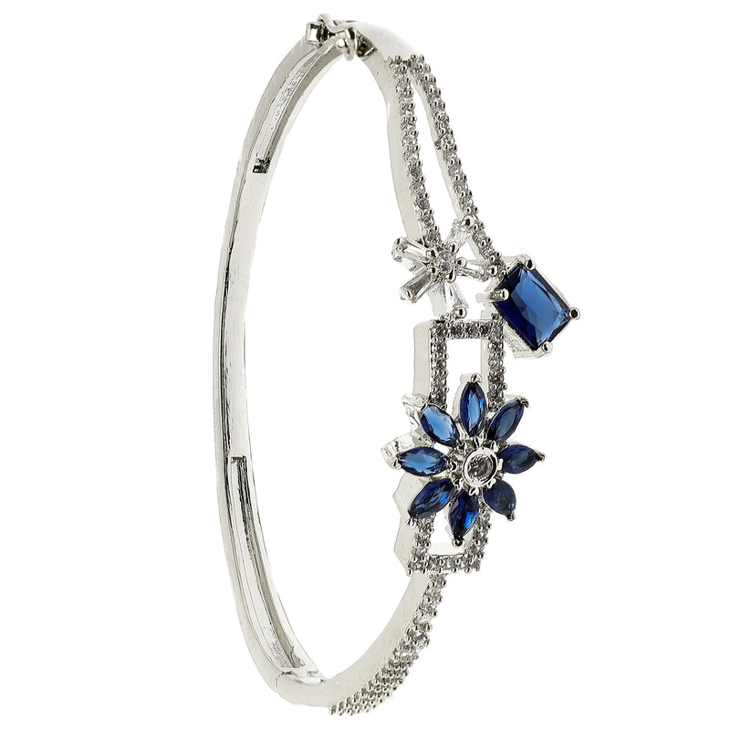 Rhodium-Plated Navy Blue Flower & Square Shape American Diamond Studded Kada Bracelet