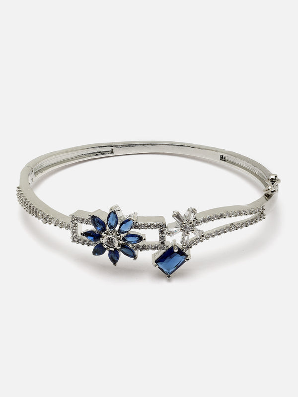 Rhodium-Plated Navy Blue Flower & Square Shape American Diamond Studded Kada Bracelet