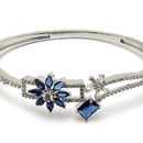 Rhodium-Plated Navy Blue Flower & Square Shape American Diamond Studded Kada Bracelet