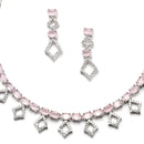 Rhodium-Plated Silver Toned Rectangle Pink American Diamond Studded Necklace Earrings Jewellery Set
