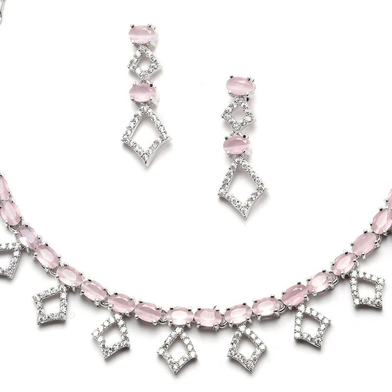 Rhodium-Plated Silver Toned Rectangle Pink American Diamond Studded Necklace Earrings Jewellery Set