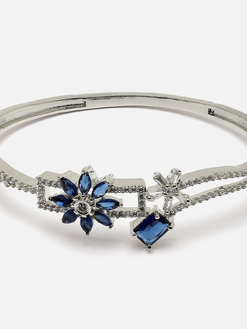 Rhodium-Plated Navy Blue Flower & Square Shape American Diamond Studded Kada Bracelet