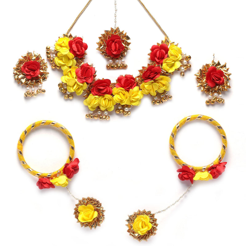 Gold-Plated Yellow-Red Gota Patti Floral White Pearls Beaded Haldi & Mehendi Jewellery Set with Maang Tika & Haathphool Ring
