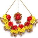 Gold-Plated Yellow-Red Gota Patti Floral White Pearls Beaded Haldi & Mehendi Jewellery Set with Maang Tika & Haathphool Ring