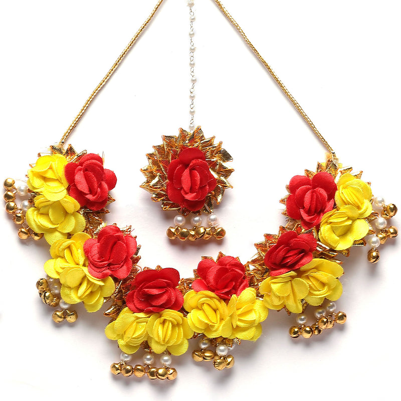 Gold-Plated Yellow-Red Gota Patti Floral White Pearls Beaded Haldi & Mehendi Jewellery Set with Maang Tika & Haathphool Ring
