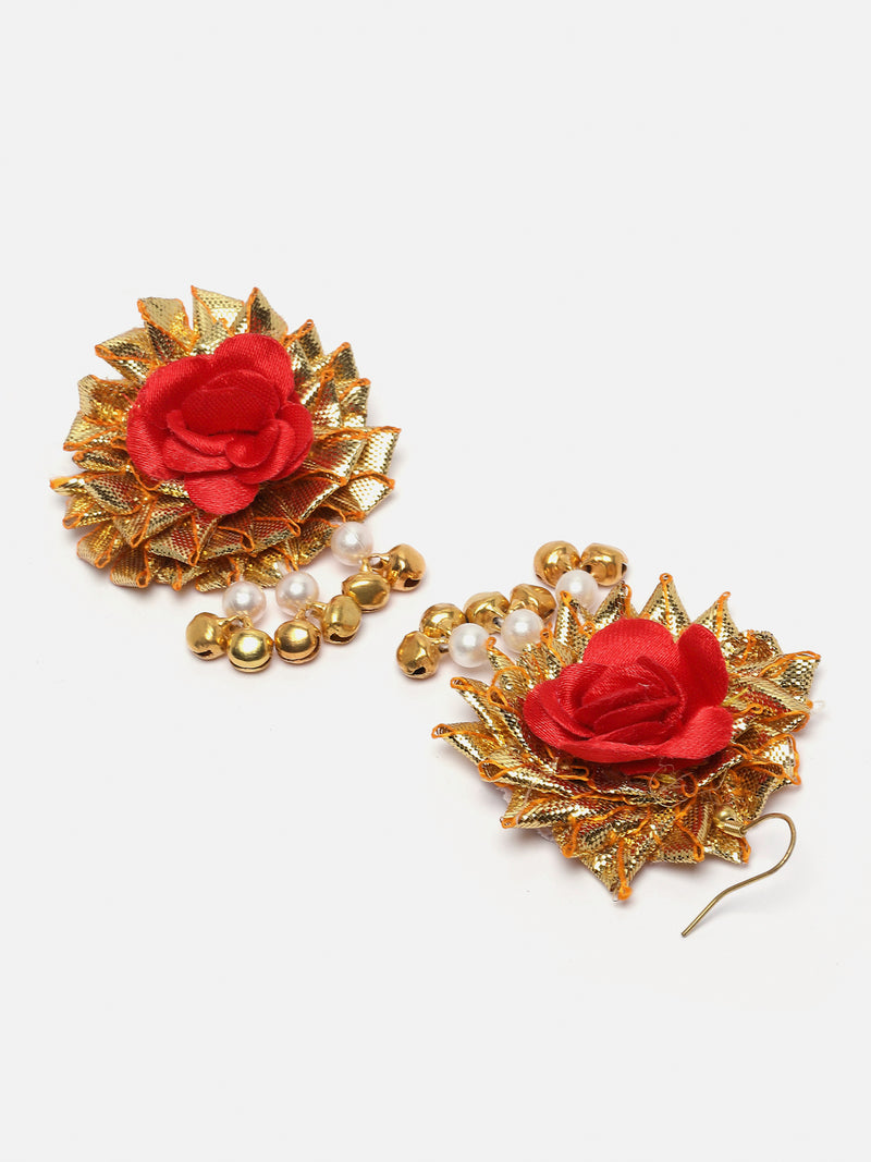 Gold-Plated Yellow-Red Gota Patti Floral White Pearls Beaded Haldi & Mehendi Jewellery Set with Maang Tika & Haathphool Ring