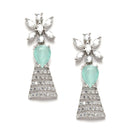 Rhodium-Plated Silver Toned Teardrop Sea Green American Diamond Studded Necklace Earrings Jewellery Set