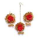 Gold-Plated Yellow-Red Gota Patti Floral White Pearls Beaded Haldi & Mehendi Jewellery Set with Maang Tika & Haathphool Ring