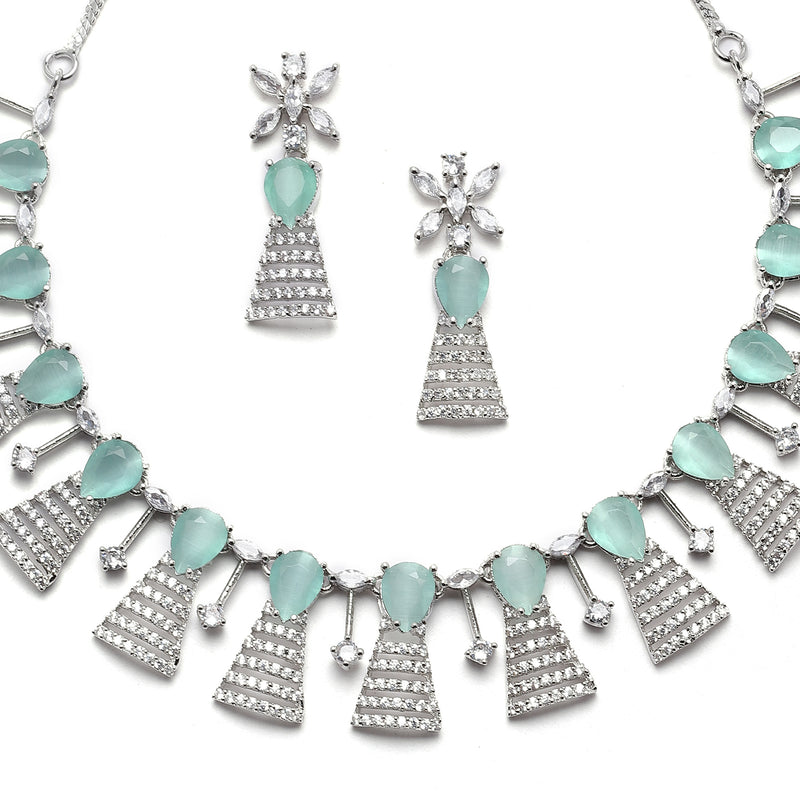 Rhodium-Plated Silver Toned Teardrop Sea Green American Diamond Studded Necklace Earrings Jewellery Set