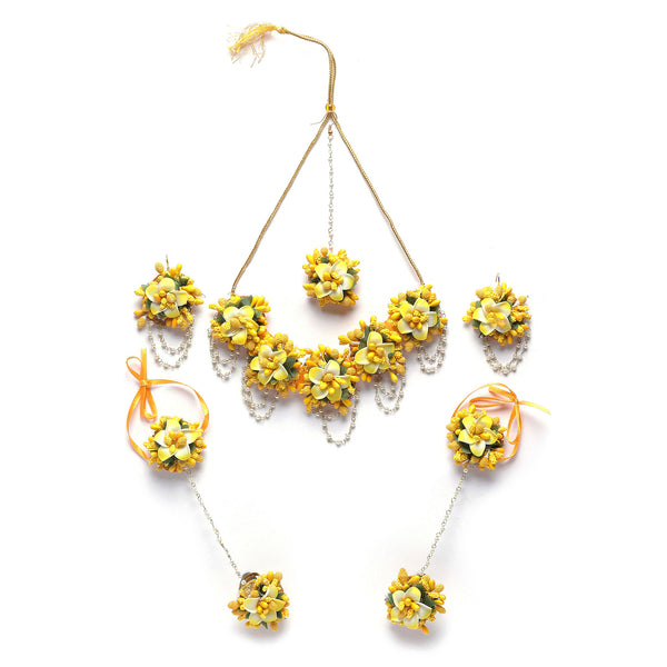 Gold-Plated Yellow-Green Floral White Pearls Beaded Haldi & Mehendi Jewellery Set with Maang Tikka & Haathphool Ring