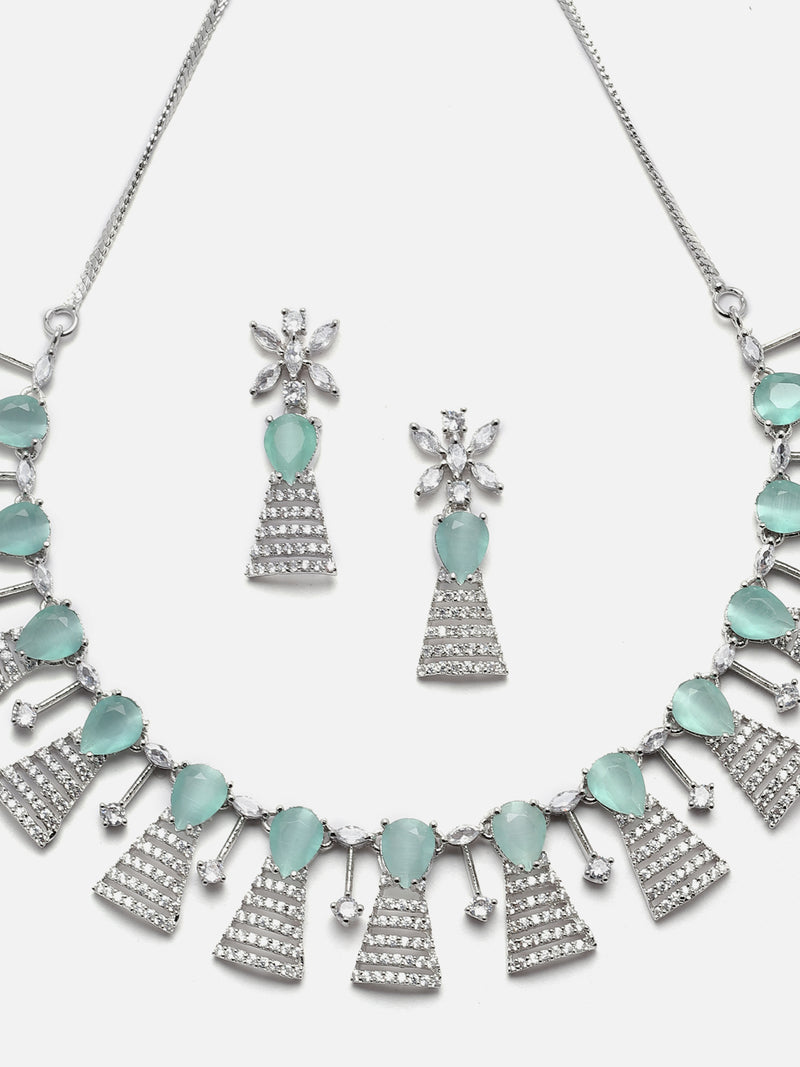 Rhodium-Plated Silver Toned Teardrop Sea Green American Diamond Studded Necklace Earrings Jewellery Set