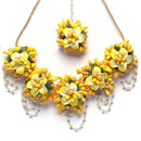 Gold-Plated Yellow-Green Floral White Pearls Beaded Haldi & Mehendi Jewellery Set with Maang Tikka & Haathphool Ring