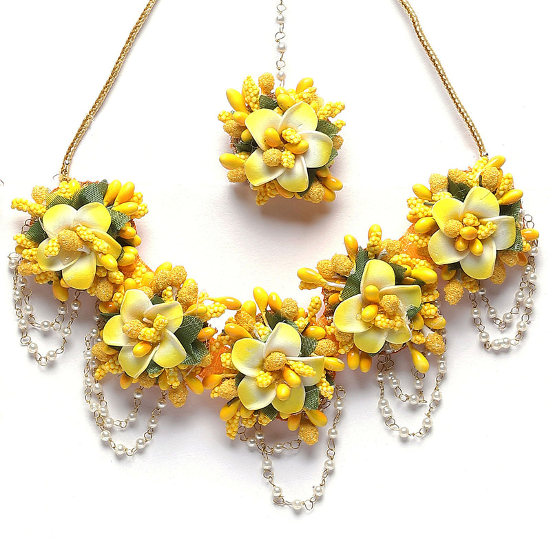 Gold-Plated Yellow-Green Floral White Pearls Beaded Haldi & Mehendi Jewellery Set with Maang Tikka & Haathphool Ring