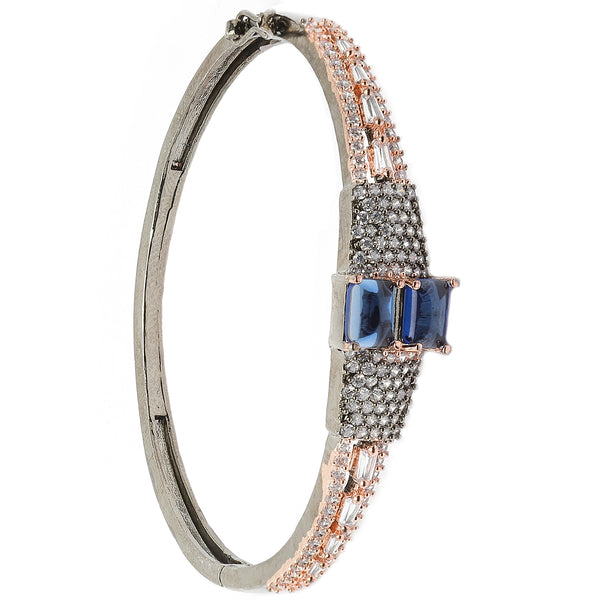 Rose Gold-Plated Black Toned Square Shaped Royal Blue American Diamond Studded Bracelet