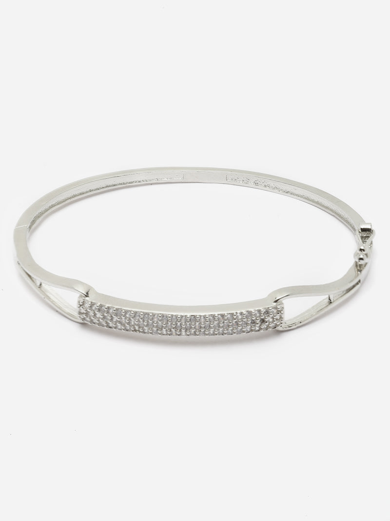 Rhodium-Plated Silver Toned White American Diamond Studded Contemporary Kada Bracelet