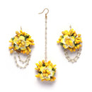 Gold-Plated Yellow-Green Floral White Pearls Beaded Haldi & Mehendi Jewellery Set with Maang Tikka & Haathphool Ring