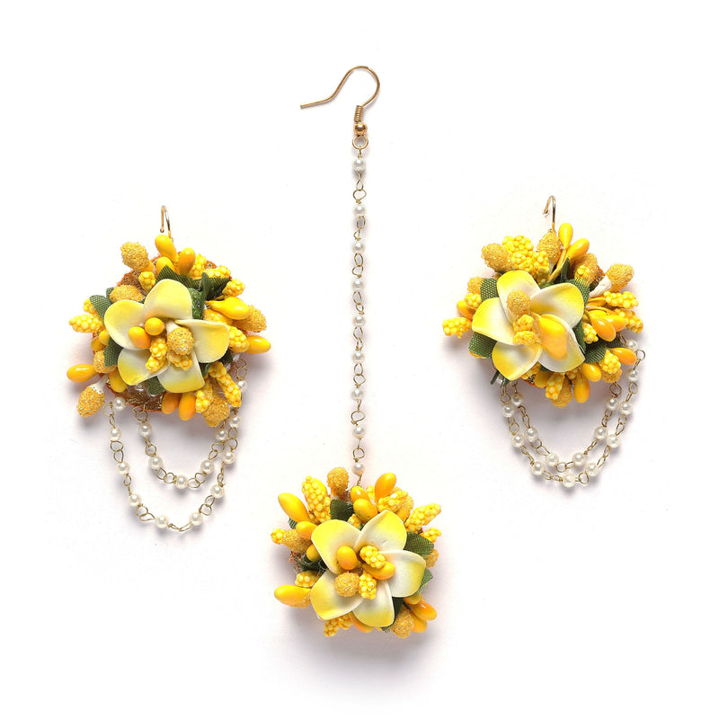Gold-Plated Yellow-Green Floral White Pearls Beaded Haldi & Mehendi Jewellery Set with Maang Tikka & Haathphool Ring
