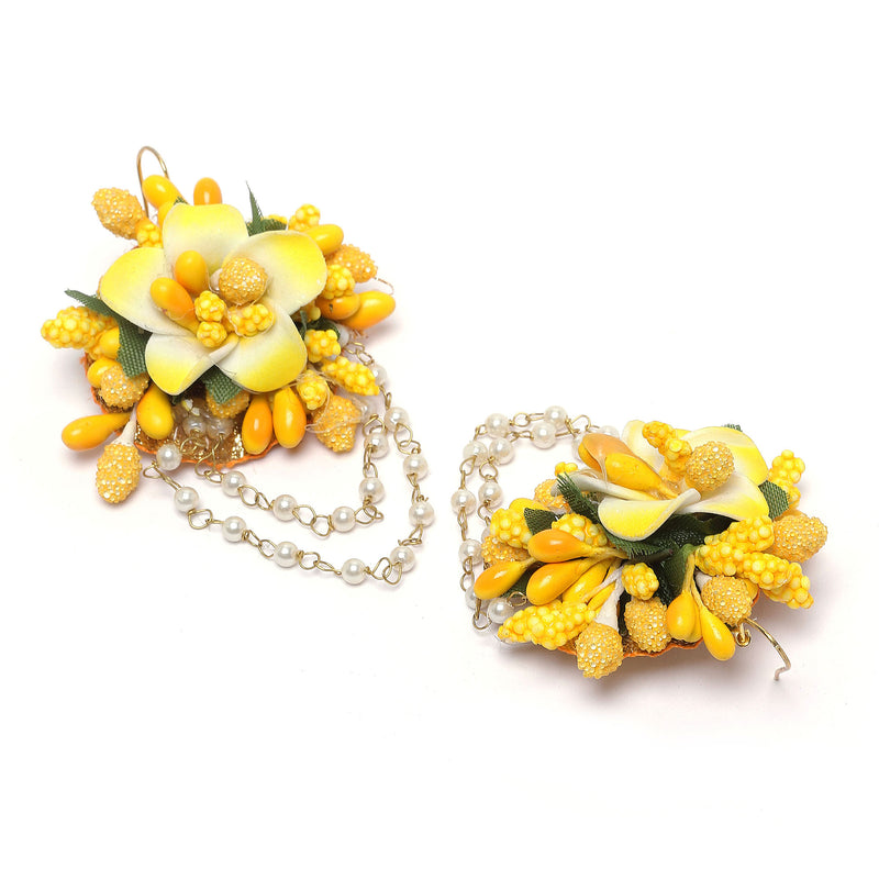 Gold-Plated Yellow-Green Floral White Pearls Beaded Haldi & Mehendi Jewellery Set with Maang Tikka & Haathphool Ring