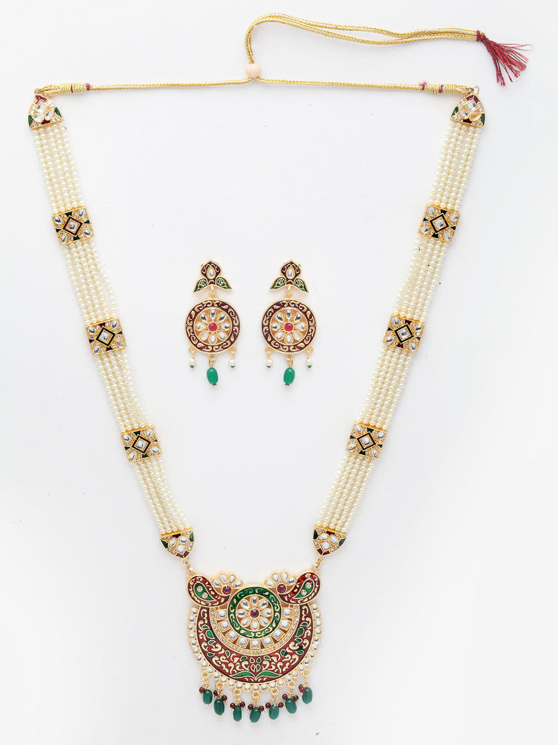 Meenakari Style Gold-Plated White Pearl Beaded Jewellery Set