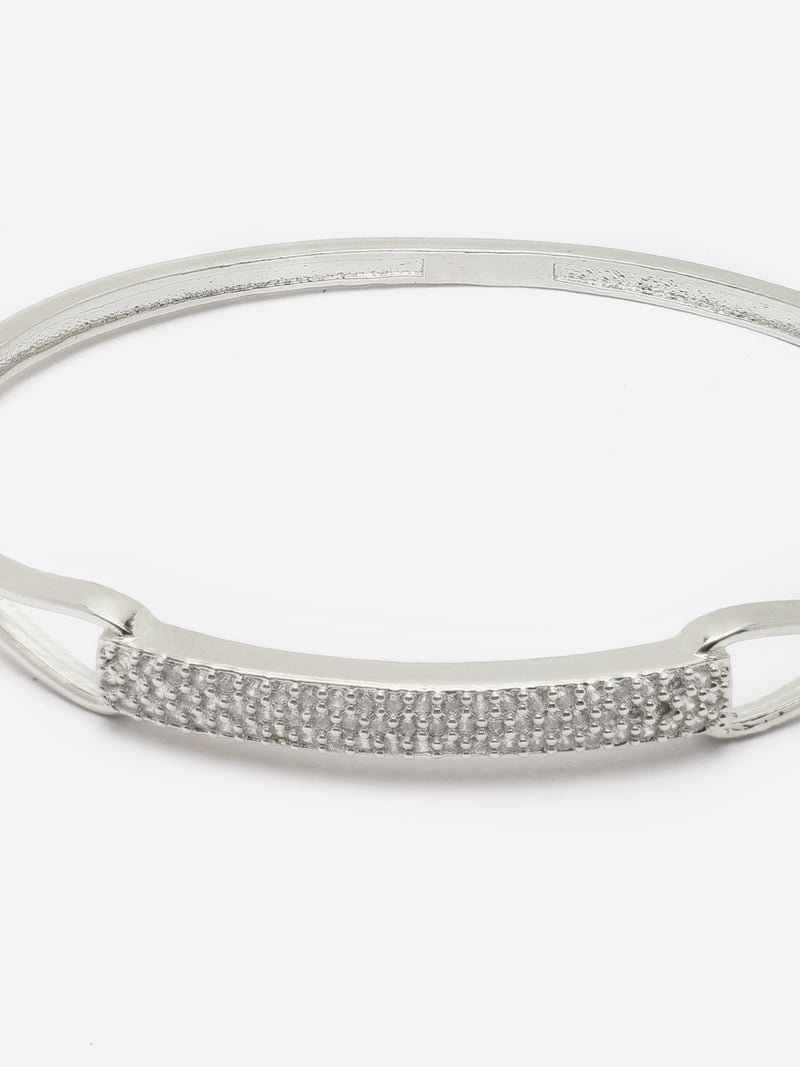 Rhodium-Plated Silver Toned White American Diamond Studded Contemporary Kada Bracelet