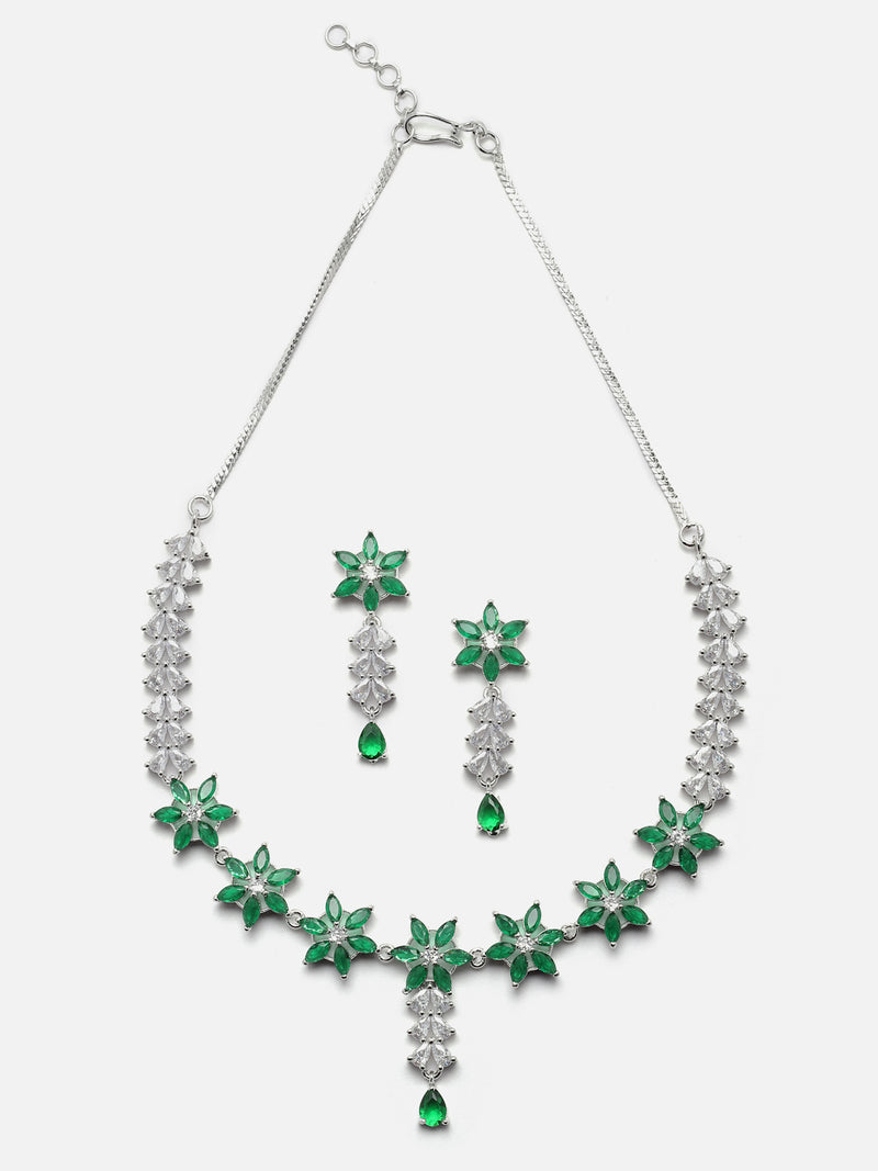 Rhodium-Plated Silver Toned Star Green American Diamond Studded Necklace Earrings Jewellery Set