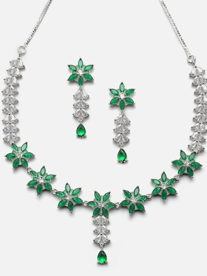 Rhodium-Plated Silver Toned Star Green American Diamond Studded Necklace Earrings Jewellery Set