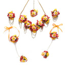 Gold-Plated Multi-Colour Floral White Pearls Beaded Haldi & Mehendi Jewellery Set with Maang Tikka & Haathphool Ring