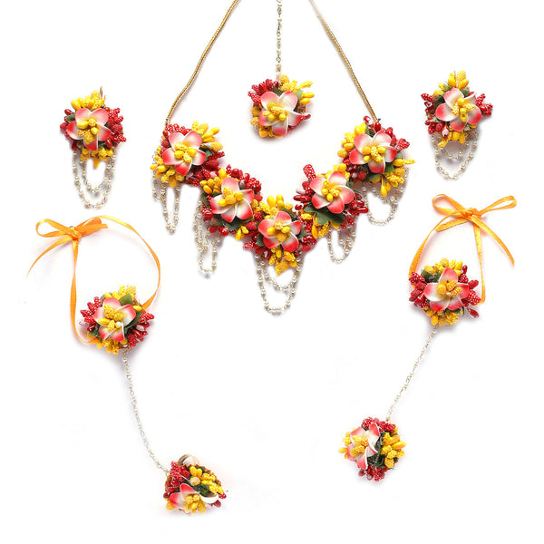 Gold-Plated Multi-Colour Floral White Pearls Beaded Haldi & Mehendi Jewellery Set with Maang Tikka & Haathphool Ring