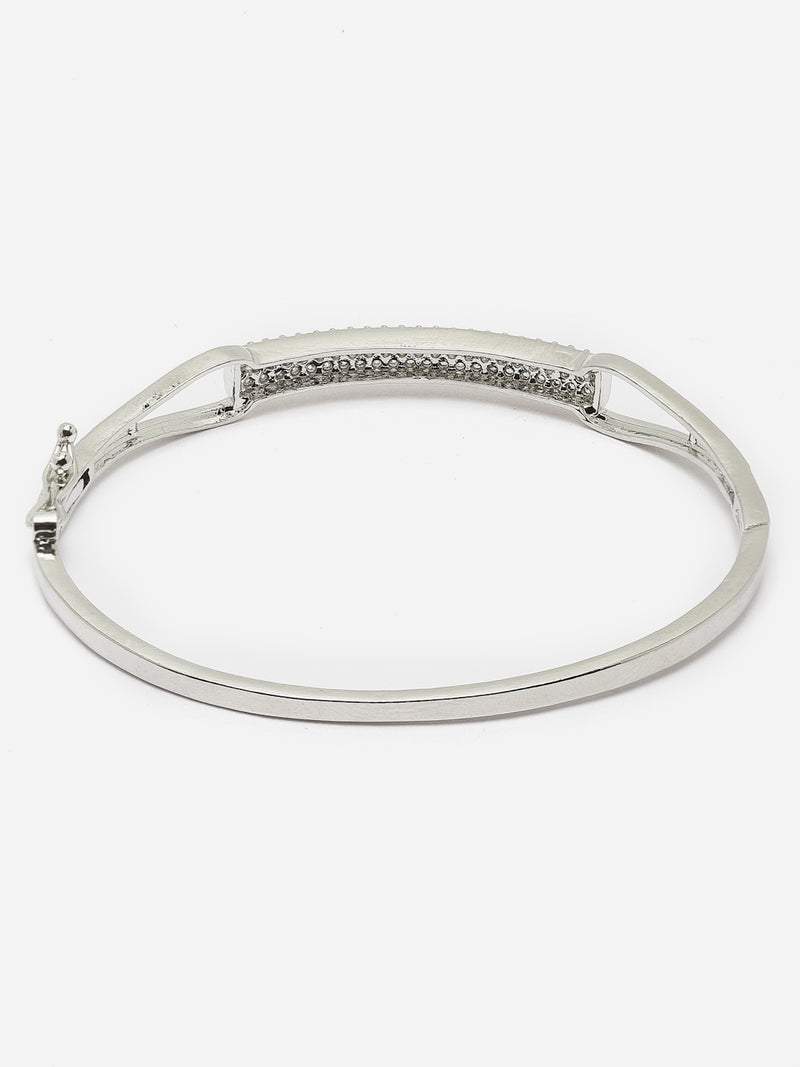 Rhodium-Plated Silver Toned White American Diamond Studded Contemporary Kada Bracelet