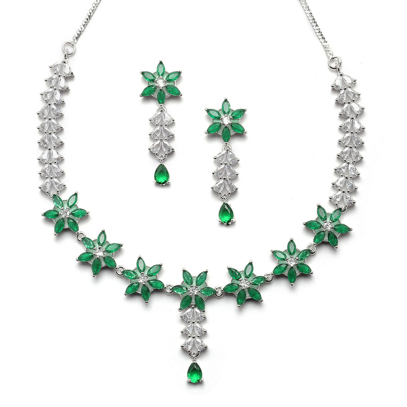 Rhodium-Plated Silver Toned Star Green American Diamond Studded Necklace Earrings Jewellery Set