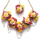 Gold-Plated Multi-Colour Floral White Pearls Beaded Haldi & Mehendi Jewellery Set with Maang Tikka & Haathphool Ring