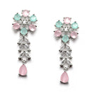 Rhodium-Plated Silver Toned Flower Sea Green & Pink American Diamond Studded Necklace with Earrings Jewellery set