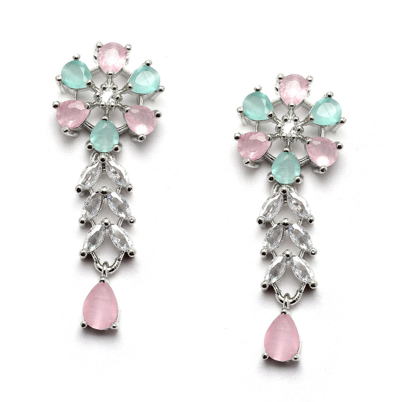 Rhodium-Plated Silver Toned Flower Sea Green & Pink American Diamond Studded Necklace with Earrings Jewellery set